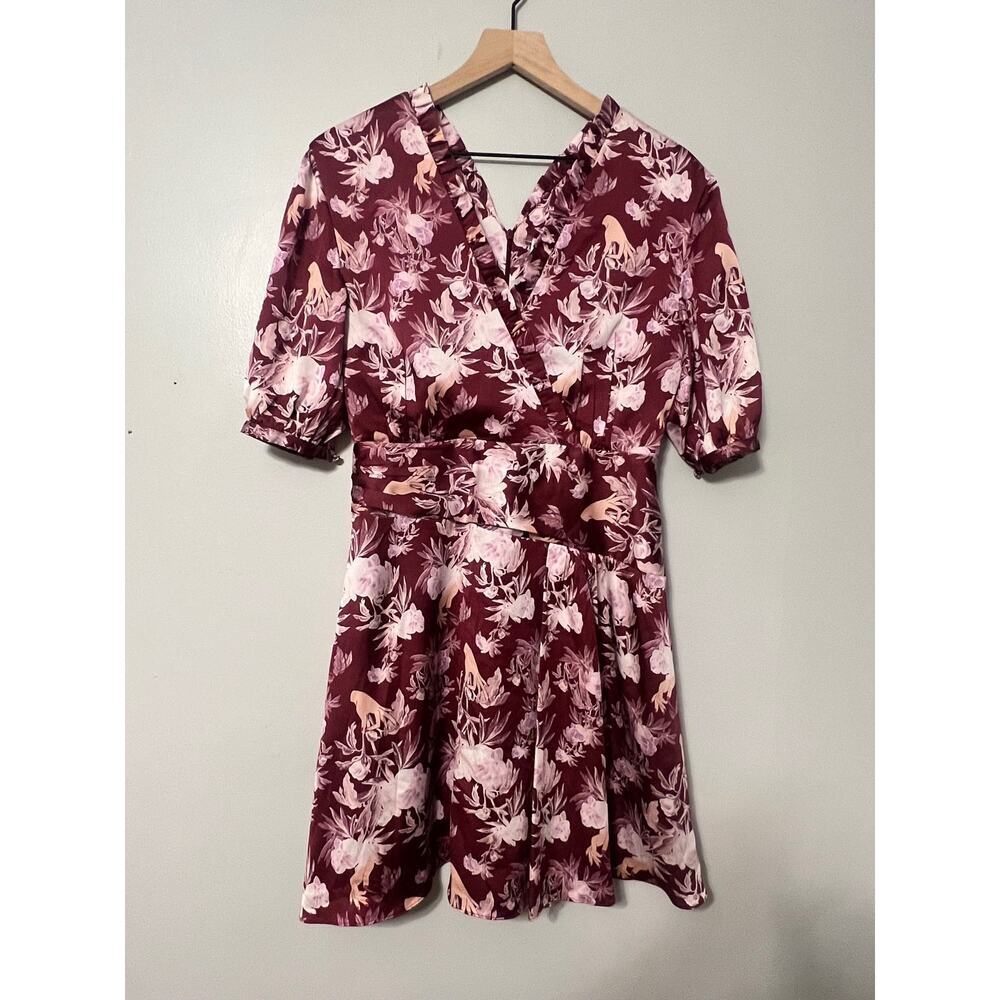 Three Floor purple print faux wrap satin mini dress size 8 NWT